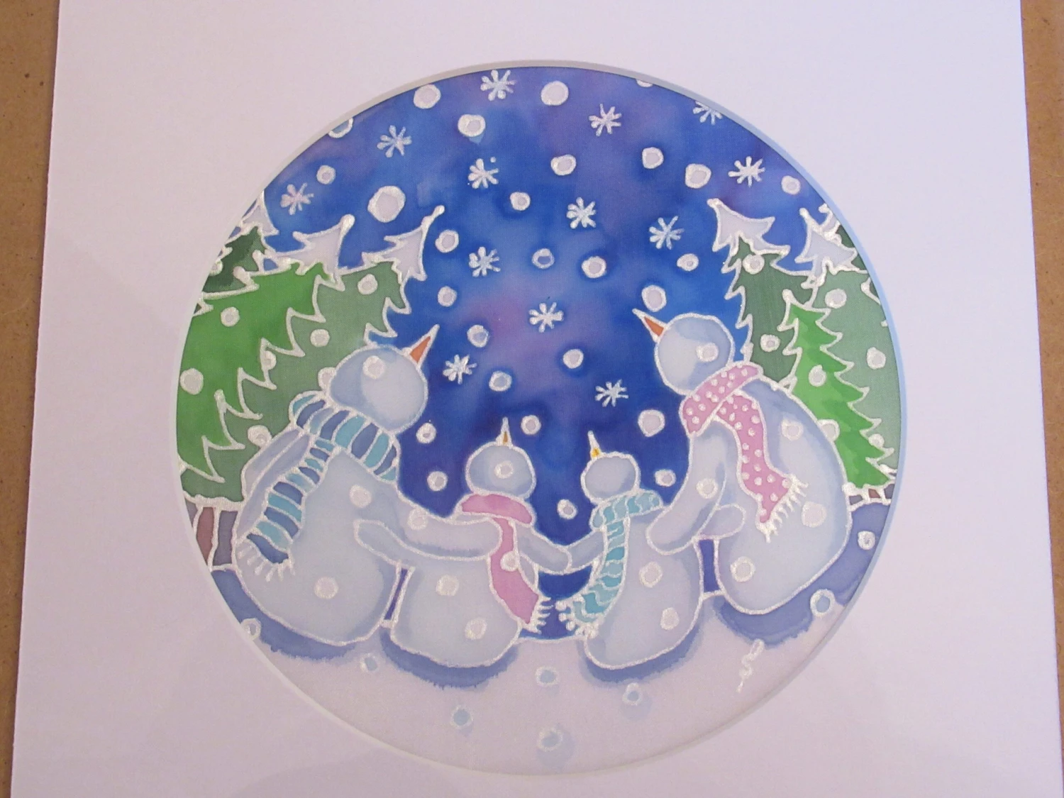 Silk Painting, Original Silk Art, Snowman Family, Christmas Art, Winter, Festive Artwork, Wall Art, Children's Art, Home Decor, White, Blue 7 Silk Painting, Original Silk Art, Snowman Family, Christmas Art, Winter, Festive Artwork, Wall Art, Children's Art, Home Decor, White, Blue - Image 5