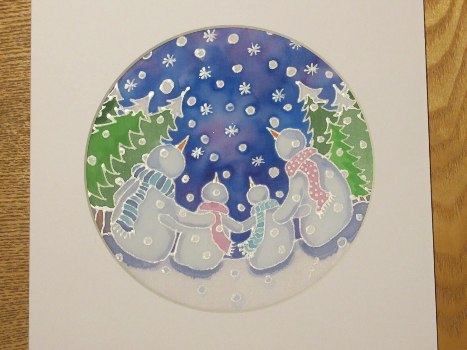 Silk Painting, Original Silk Art, Snowman Family, Christmas Art, Winter, Festive Artwork, Wall Art, Children's Art, Home Decor, White, Blue 6 Silk Painting, Original Silk Art, Snowman Family, Christmas Art, Winter, Festive Artwork, Wall Art, Children's Art, Home Decor, White, Blue - Image 4