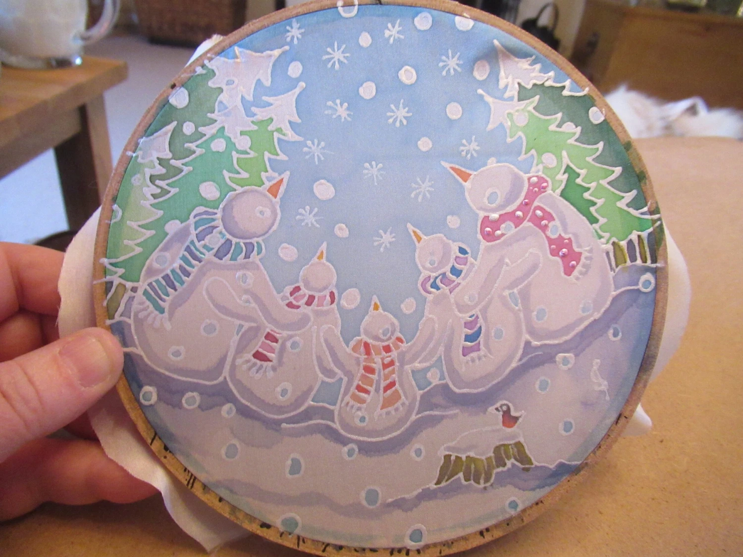 Silk Painting, Original Silk Art, Family Of Snowmen, Christmas Art, Winter, Festive Artwork, Children's Wall Art, Home Decor, White, Blue 12 Silk Painting, Original Silk Art, Family Of Snowmen, Christmas Art, Winter, Festive Artwork, Children's Wall Art, Home Decor, White, Blue - Image 10