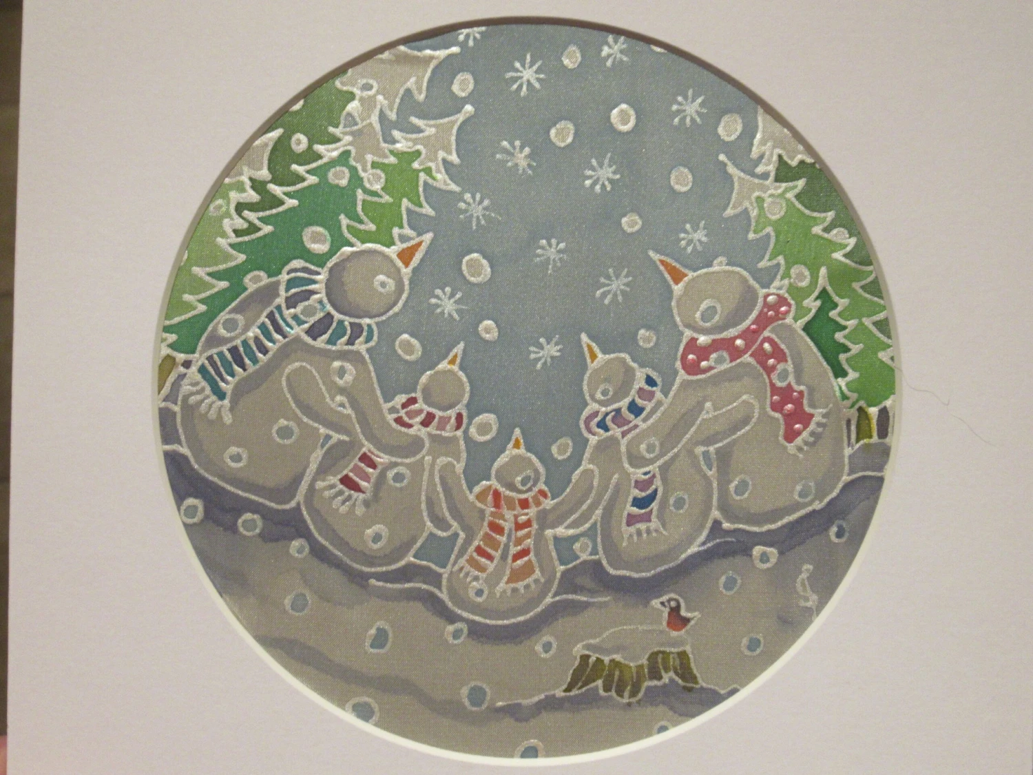 Silk Painting, Original Silk Art, Family Of Snowmen, Christmas Art, Winter, Festive Artwork, Children's Wall Art, Home Decor, White, Blue 10 Silk Painting, Original Silk Art, Family Of Snowmen, Christmas Art, Winter, Festive Artwork, Children's Wall Art, Home Decor, White, Blue - Image 8