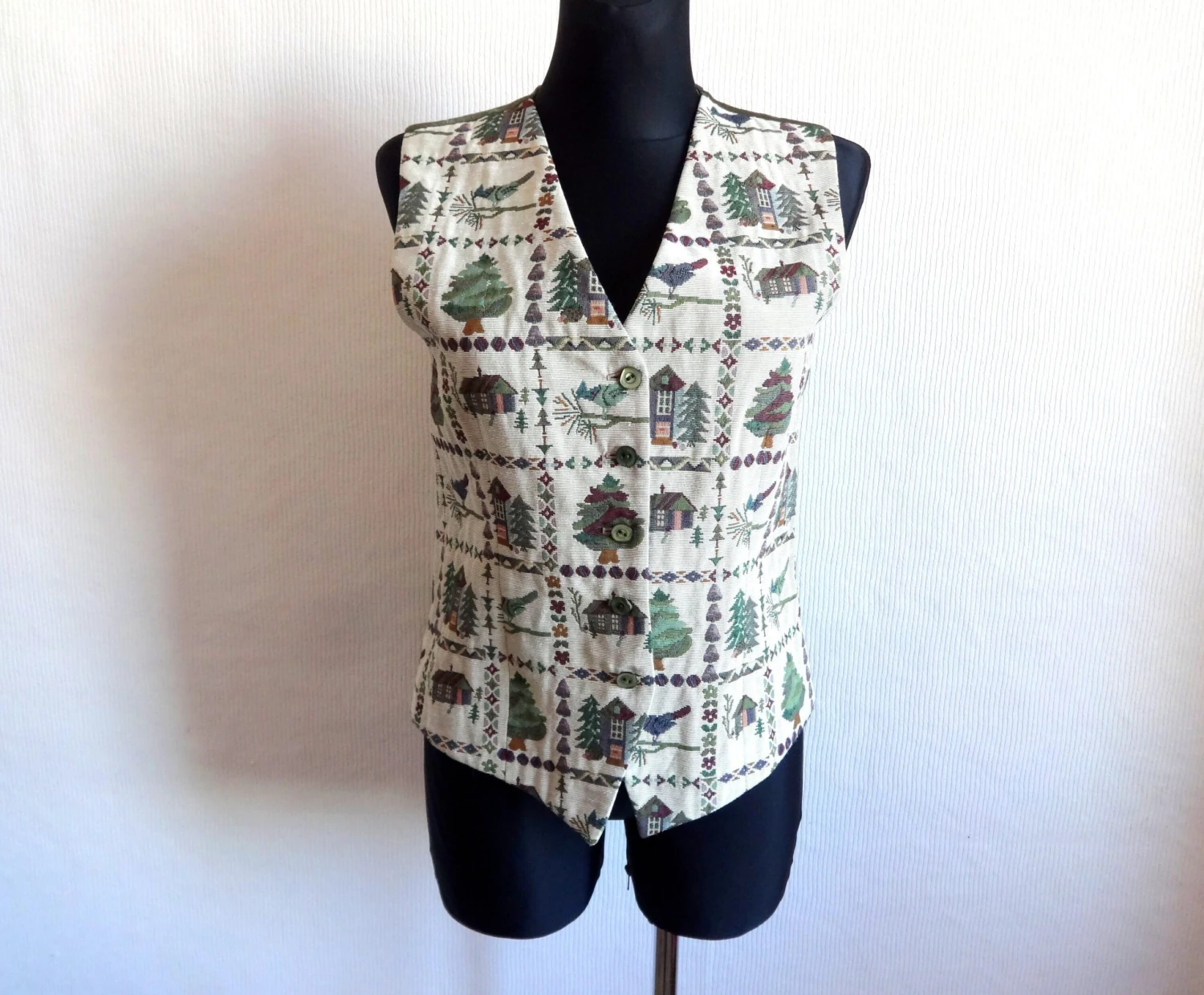 Vintage Tapestry Women's Vest Peasant Style Waistcoat Brown Green Printed House Christmas Tree Vest Hipster Clothing Tied On The Back 3 Vintage Tapestry Women's Vest Peasant Style Waistcoat Brown Green Printed House Christmas Tree Vest Hipster Clothing Tied On The Back