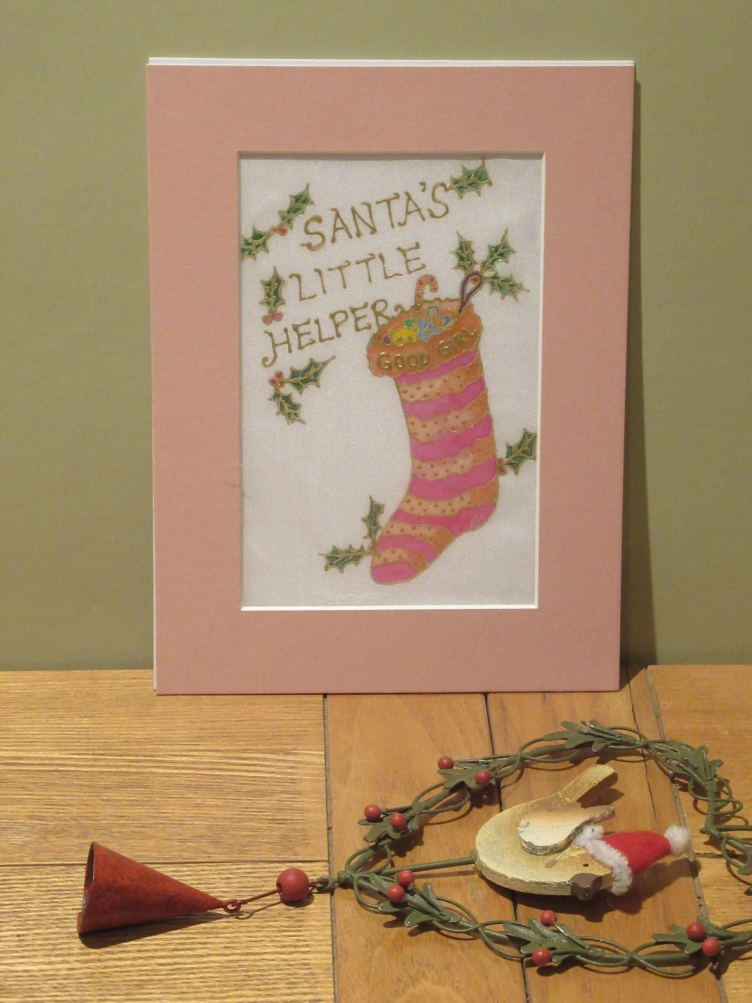 Silk Painting, Original Silk Art, Good Girl Stocking, Santa's Little Helper, Christmas Art, Baby's 1st Xmas, Girl's Gift, Pink, Nursery Art. 4 Silk Painting, Original Silk Art, Good Girl Stocking, Santa's Little Helper, Christmas Art, Baby's 1st Xmas, Girl's Gift, Pink, Nursery Art. - Image 2