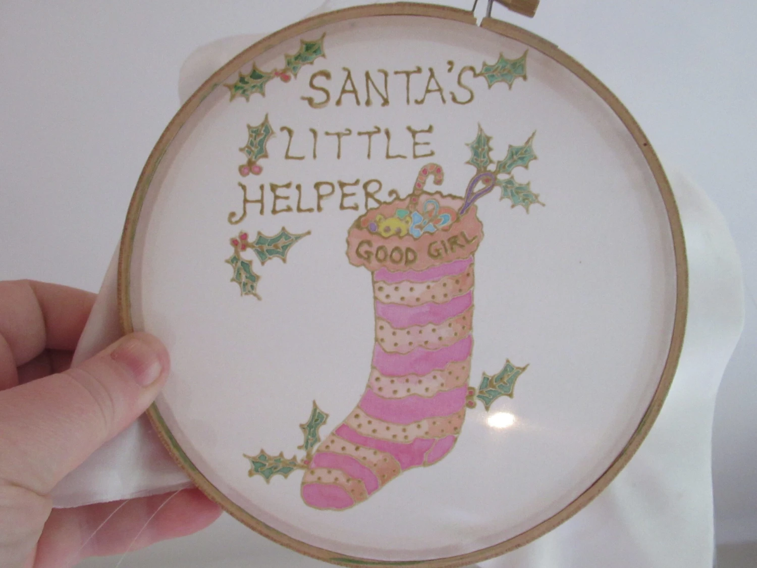 Silk Painting, Original Silk Art, Good Girl Stocking, Santa's Little Helper, Christmas Art, Baby's 1st Xmas, Girl's Gift, Pink, Nursery Art. 9 Silk Painting, Original Silk Art, Good Girl Stocking, Santa's Little Helper, Christmas Art, Baby's 1st Xmas, Girl's Gift, Pink, Nursery Art. - Image 7