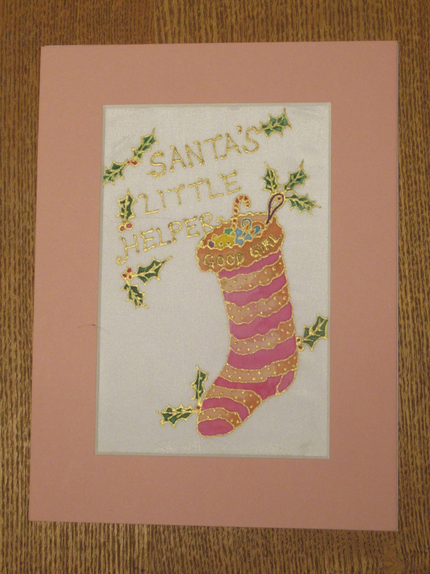 Silk Painting, Original Silk Art, Good Girl Stocking, Santa's Little Helper, Christmas Art, Baby's 1st Xmas, Girl's Gift, Pink, Nursery Art. 7 Silk Painting, Original Silk Art, Good Girl Stocking, Santa's Little Helper, Christmas Art, Baby's 1st Xmas, Girl's Gift, Pink, Nursery Art. - Image 5
