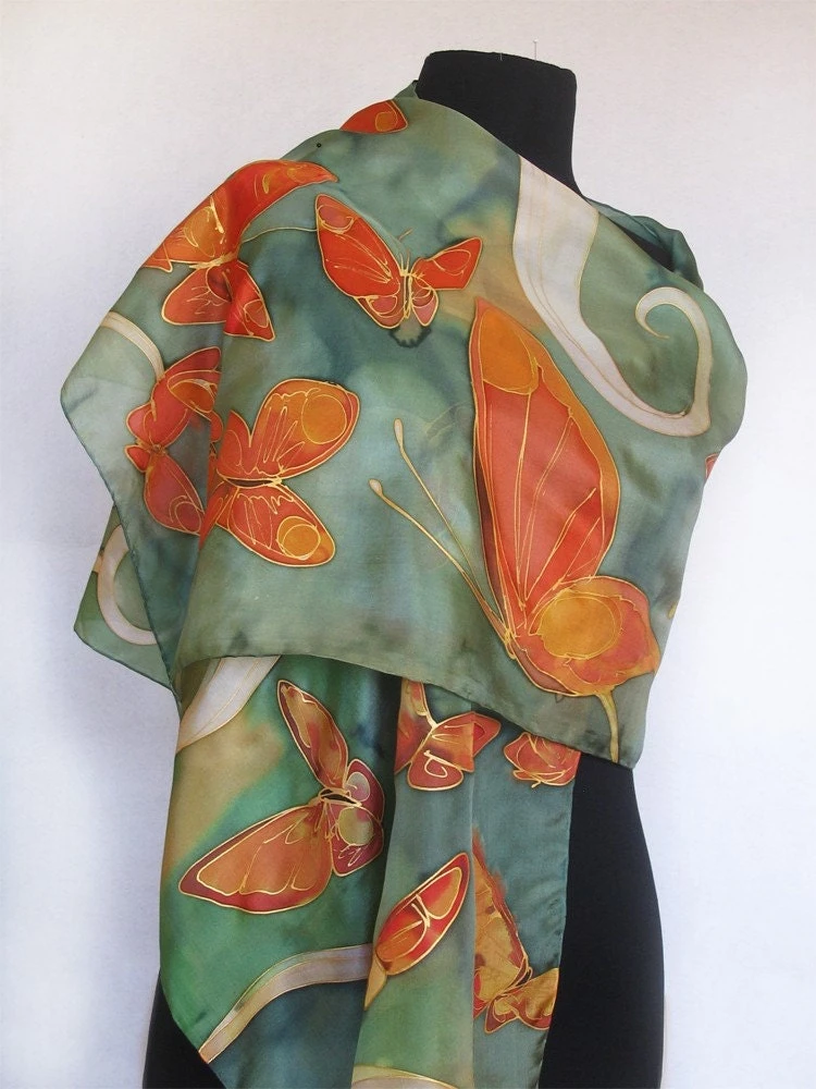 Hand Painted Silk Scarf- Flaming Butterfly, Woman Fashion, Green Silk Scarf, Bright Silk Shawl Unique Handmade Gift Christmas Gift Mom 4 Hand Painted Silk Scarf- Flaming Butterfly, Woman Fashion, Green Silk Scarf, Bright Silk Shawl Unique Handmade Gift Christmas Gift Mom - Image 2