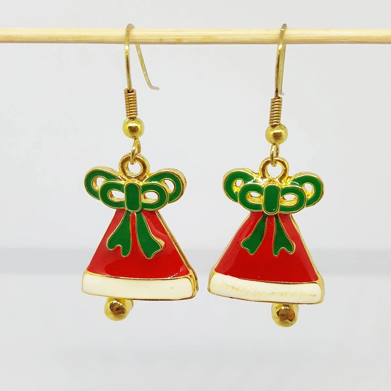 Red Christmas Bells With Green Bow Earrings Perfect Holiday Gift 3 Red Christmas Bells With Green Bow Earrings Perfect Holiday Gift