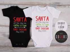 Christmas Pregnancy Announcement, Christmas Pregnancy Reveal To Family, Santa Isn't The Only One Coming To Town Personalized Baby Bodysuit