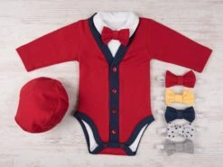 Red Baby Outfit, Red/Navy Cardigan, Bodysuit, Hat & Bow Tie Set, Bow Tie Cardigan Clothing Set, Baby Shower Gift, Christmas Baby Outfit