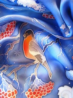Christmas Silk Scarf Handpainted 36x36 Inches, Blue Head Scarf Silk, Neck Scarf, Gift For Women