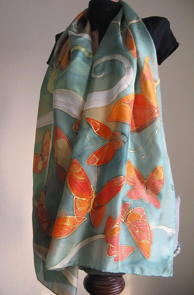 Hand Painted Silk Scarf- Flaming Butterfly, Woman Fashion, Green Silk Scarf, Bright Silk Shawl Unique Handmade Gift Christmas Gift Mom 6 Hand Painted Silk Scarf- Flaming Butterfly, Woman Fashion, Green Silk Scarf, Bright Silk Shawl Unique Handmade Gift Christmas Gift Mom - Image 4