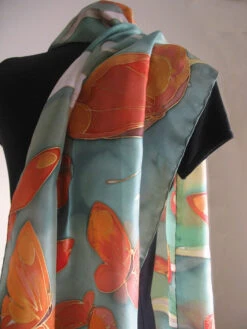 Hand Painted Silk Scarf- Flaming Butterfly, Woman Fashion, Green Silk Scarf, Bright Silk Shawl Unique Handmade Gift Christmas Gift Mom 11 Hand Painted Silk Scarf- Flaming Butterfly, Woman Fashion, Green Silk Scarf, Bright Silk Shawl Unique Handmade Gift Christmas Gift Mom -Jewellery Soldes Boutique il fullxfull.211804963