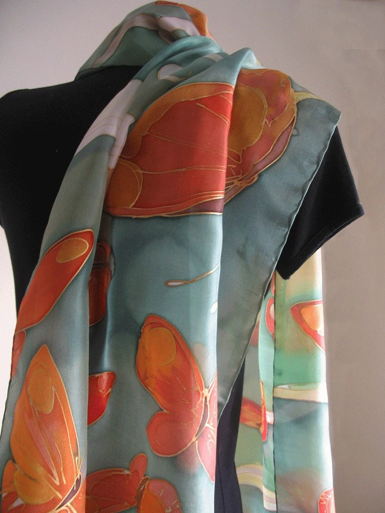 Hand Painted Silk Scarf- Flaming Butterfly, Woman Fashion, Green Silk Scarf, Bright Silk Shawl Unique Handmade Gift Christmas Gift Mom 7 Hand Painted Silk Scarf- Flaming Butterfly, Woman Fashion, Green Silk Scarf, Bright Silk Shawl Unique Handmade Gift Christmas Gift Mom - Image 5