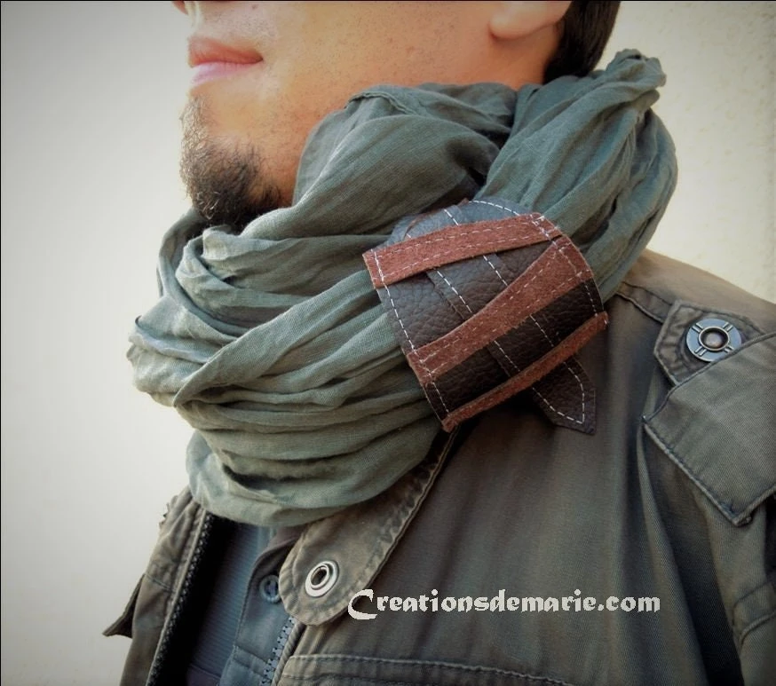 Scarf, Men's Gray Cotton Snood Scarf And Leather Cuff, Modern And Dandy Style, Gift For Him, Christmas Gift For Men. 4 Scarf, Men's Gray Cotton Snood Scarf And Leather Cuff, Modern And Dandy Style, Gift For Him, Christmas Gift For Men. - Image 2