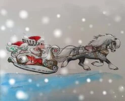 Christmas Pony Print, Sleigh Art,Snowy Horse Art,Home Decor, Childrens Wall ,Watercolor Gift, Gray And White, Wall Print, Cute Nature Giclee