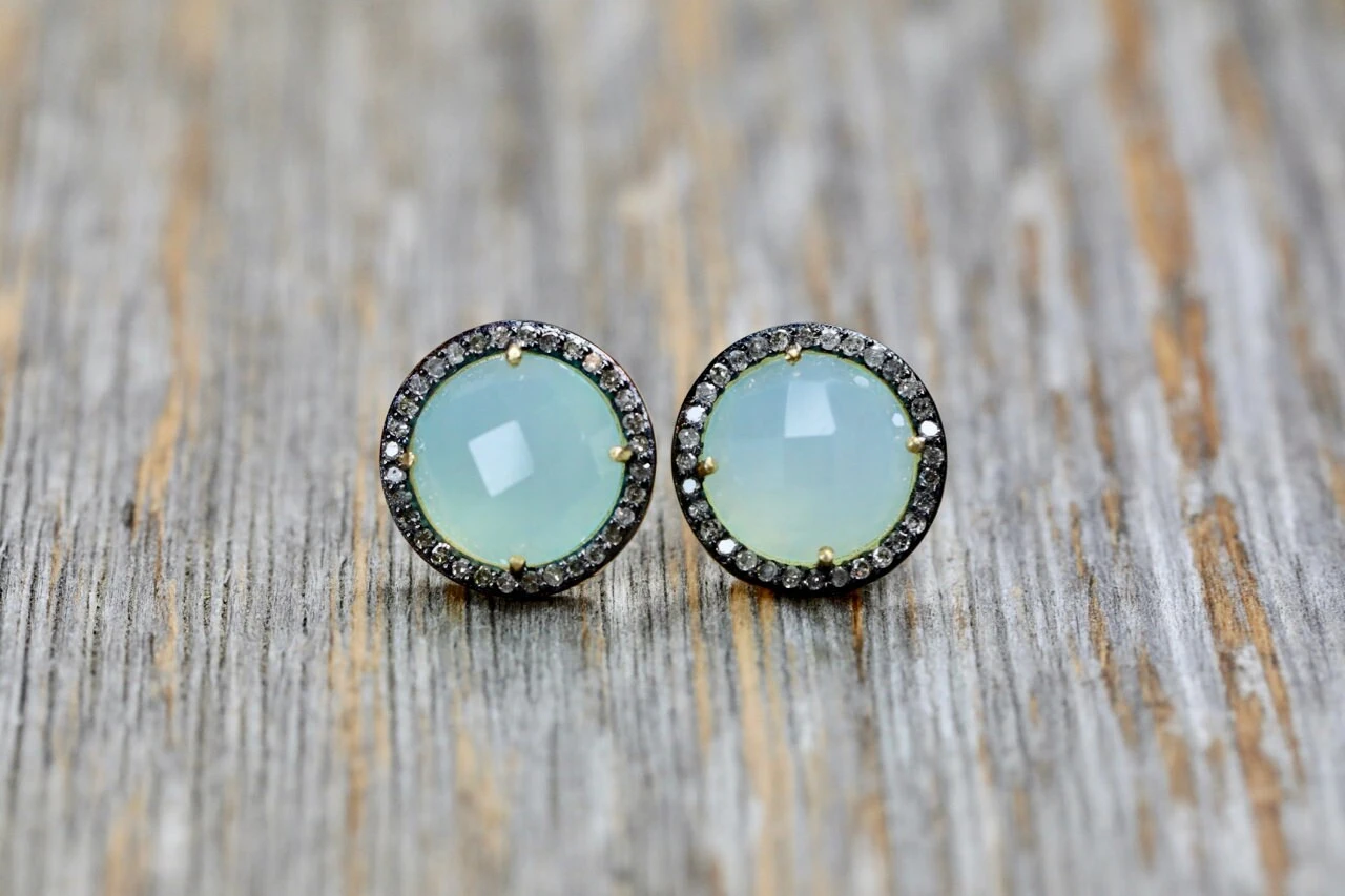 Genuine Pave Diamond Round Gemstone Stud Earrings*Large Turquoise/Moonstone/Aqua Chalcedony/Ruby*Gift Idea Holiday*Christmas*Unisex 5 Genuine Pave Diamond Round Gemstone Stud Earrings*Large Turquoise/Moonstone/Aqua Chalcedony/Ruby*Gift Idea Holiday*Christmas*Unisex - Image 3