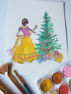 Christmas In A Lehnga | Original Watercolor Print Indian Girl Woman Christmas Gifts Saree Decor Dupata Bollywood Yellow Pink Fuchsia