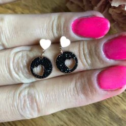 Earrings Heart, Black, Hollow, Punched Out Heart, Round, Rose Gold, Rhinestone Jewelry, Girlfriend Gift, Christmas Gift, Mother Daughter Jewelry