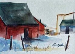 Cabin Decor Cabin Wall Art Small Painting Of Barn Landscape Barn Winter Painting 5x7 Christmas Watercolor Painting Red Barn Farm Art Print)