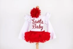 Santa Baby Outfit Set - Infant Bodysuit In White - Baby Bloomer And Headband In Red And Green - Baby Girl - Photos - Baby's First Christmas