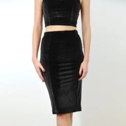 VELVET PENCIL SKIRT | Black Stretch Velvet Bodycon Pencil Skirt. Vintage Style High Waisted Womens Wiggle Skirt. Black Christmas Party Skirt