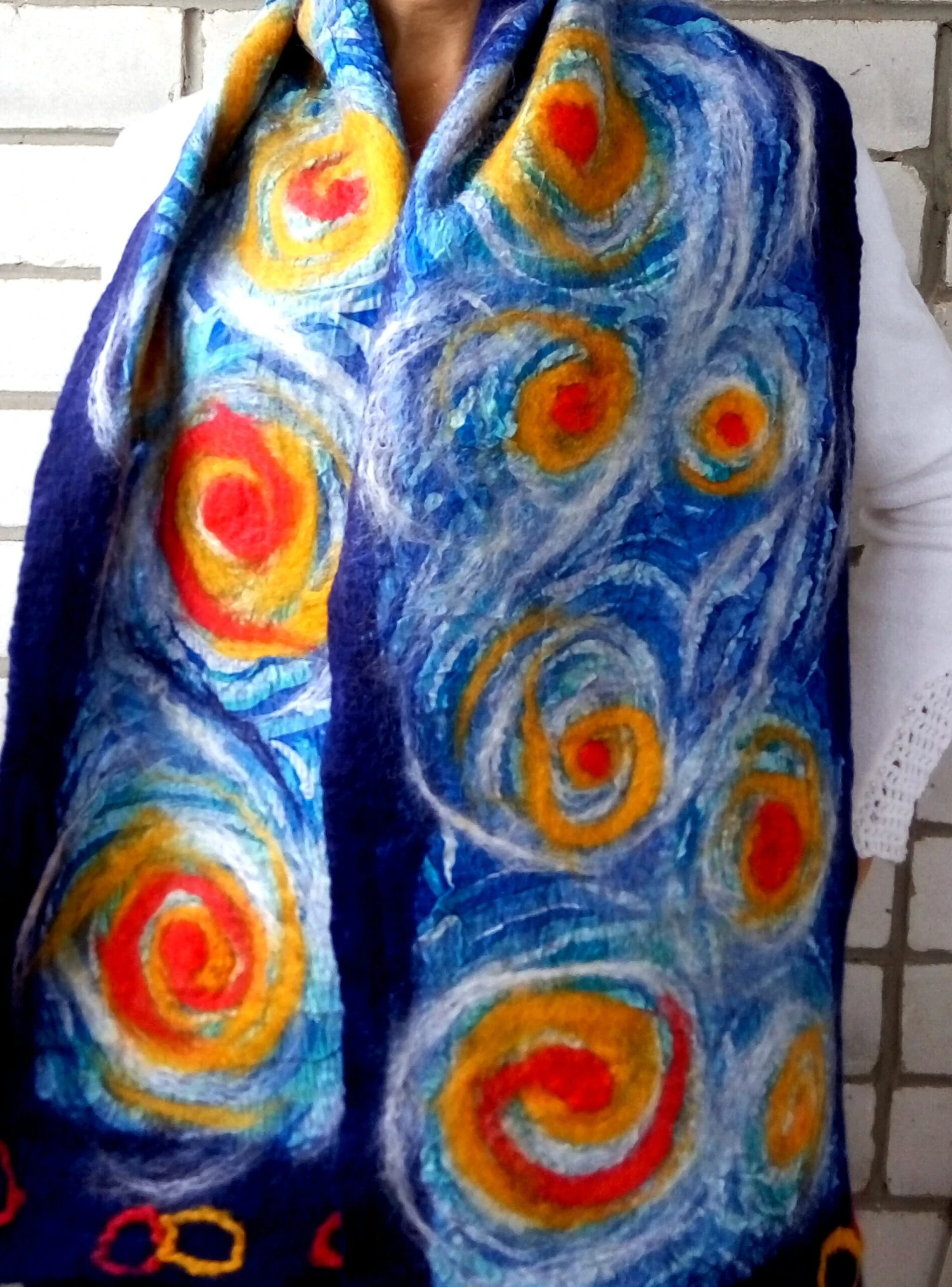 Van Gogh Scarf, Nuno Felted, Wool Winter Scarf, Hand Painted Silk, Art Scarf, Merino Wool, Soft Scarf, Christmas Present, Gift For Friend, 4 Van Gogh Scarf, Nuno Felted, Wool Winter Scarf, Hand Painted Silk, Art Scarf, Merino Wool, Soft Scarf, Christmas Present, Gift For Friend, - Image 2