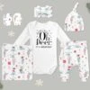 Baby Boy // Gender Neutral Coming Home Outfit // Winter // Christmas Bodysuit, Reindeer Pants, Knot Hat, Swaddle, Headband, Mitts