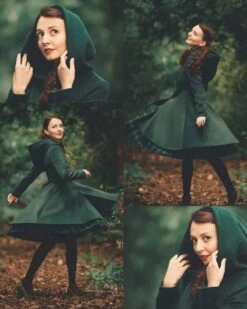 Women's Winter Single Breasted Wool Coat, Red Swing Hooded Princess Coat, Warm Winter Outwear, Hooded Wool Coat, Christmas Coat 1117#