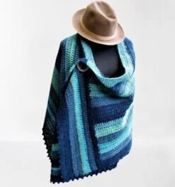Big Wool Blue Wrap Shawl Scarf Crochet Striped Poncho With Big Wood Button Christmas Gift