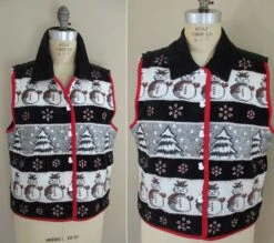 Vintage 1990s Snowman And Christmas Pine Tree Vest With Black Velvet Collar By Carolina Colours
