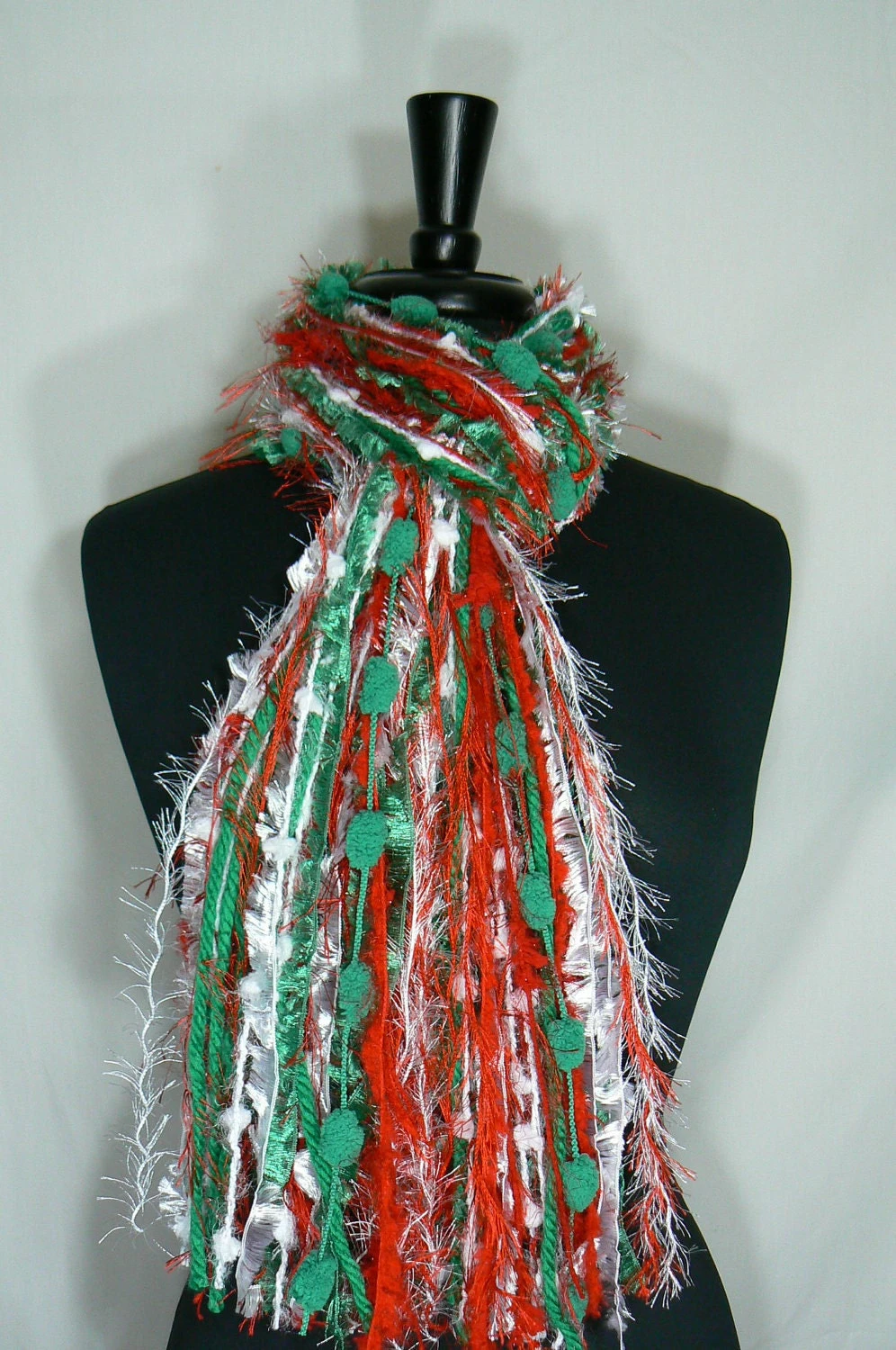 Christmas Fringe Knotted Scarf In Red, Green And White, Scarf Necklace, Christmas Scarf For Women, Scarf For Christmas Party 4 Christmas Fringe Knotted Scarf In Red, Green And White, Scarf Necklace, Christmas Scarf For Women, Scarf For Christmas Party - Image 2