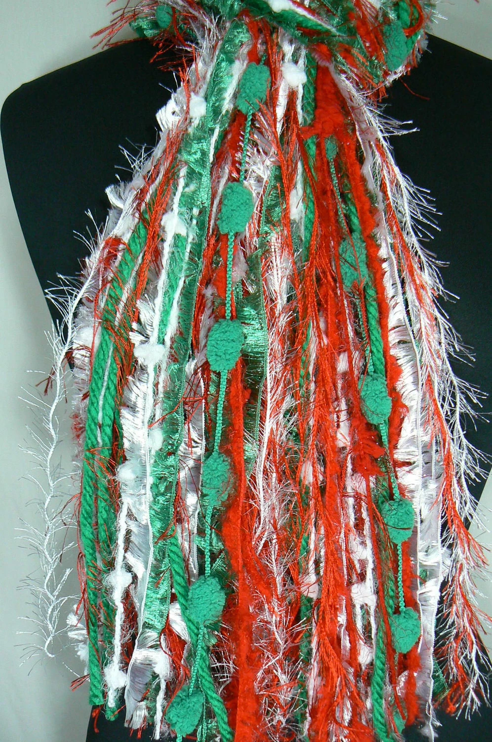 Christmas Fringe Knotted Scarf In Red, Green And White, Scarf Necklace, Christmas Scarf For Women, Scarf For Christmas Party 5 Christmas Fringe Knotted Scarf In Red, Green And White, Scarf Necklace, Christmas Scarf For Women, Scarf For Christmas Party - Image 3
