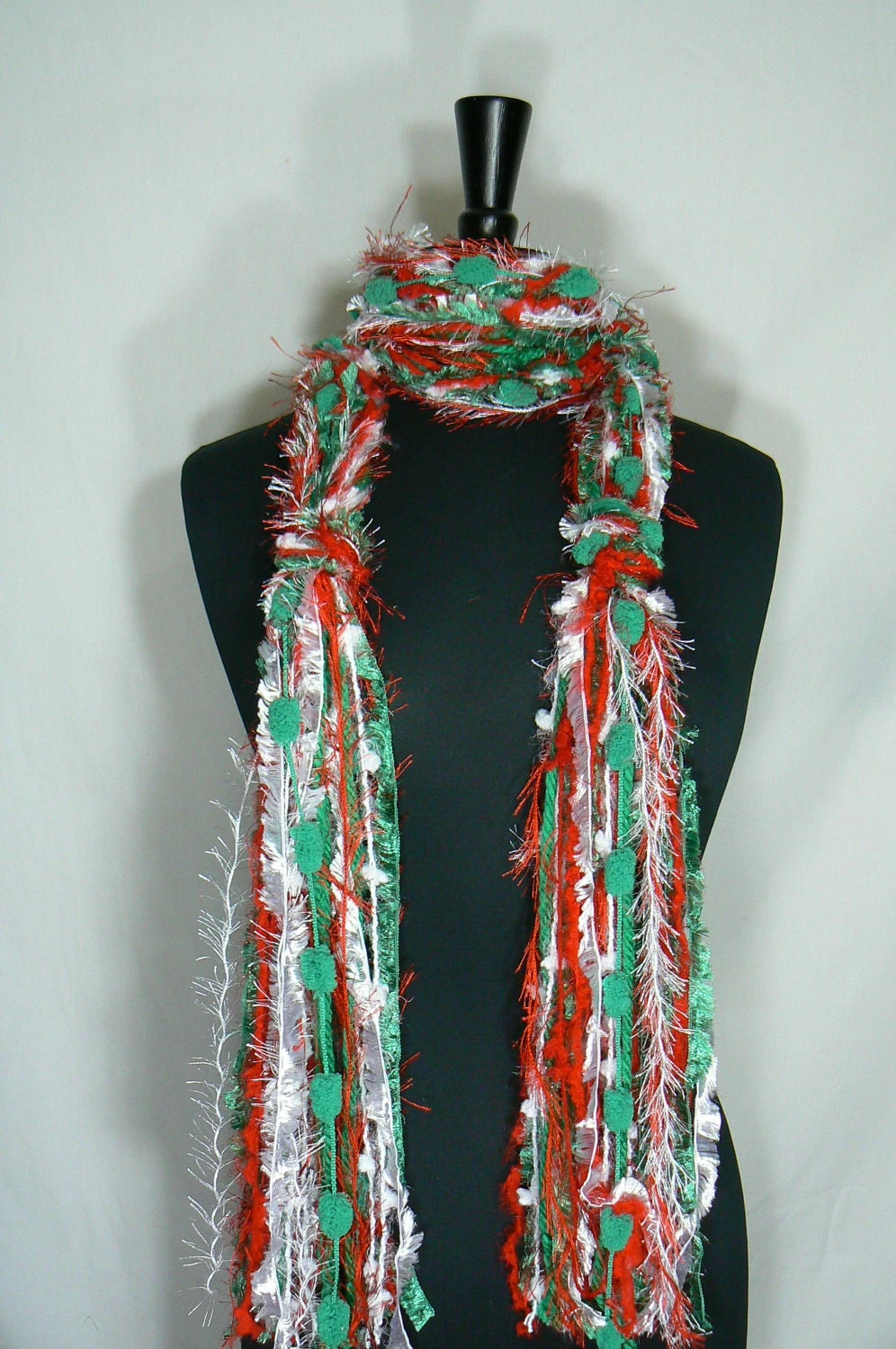 Christmas Fringe Knotted Scarf In Red, Green And White, Scarf Necklace, Christmas Scarf For Women, Scarf For Christmas Party 6 Christmas Fringe Knotted Scarf In Red, Green And White, Scarf Necklace, Christmas Scarf For Women, Scarf For Christmas Party - Image 4