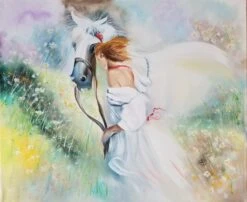 Original Impressionist Oil Painting On Canvas. Christmas Gift. New Year Gift. Impressionist Summer Landscape With A Girl Leading A Horse
