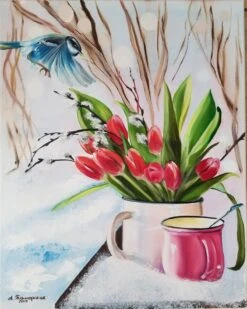 Tulips. Christmas Gift. New Year Gift. Spring Landscape. Wall Art. Spectacular Oil Painting On Canvas. Home Decor.