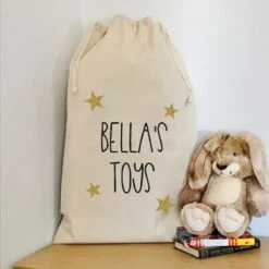 Cotton Canvas Toy Storage Bag, Personalised Name, Christmas Gift Sack, Santa Sack, Gold Glitter Stars, Childrens Bedroom, Toy Tidy
