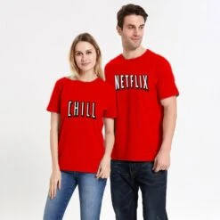 Netflix And Chill Red Colorful Couple T-Shirt Halloween Christmas Costume Funny Design Men/Women Unisex White Black Soft Cotton Tees