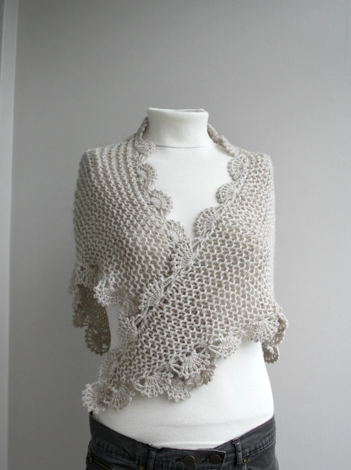 Knitted Triangle Wrap Shawl, Beige Hand Knit Shawl, Shawl For Woman, Knit Triangle Wrap Scarf, Knitted Capes, Christmas Gift For Her 7 Knitted Triangle Wrap Shawl, Beige Hand Knit Shawl, Shawl For Woman, Knit Triangle Wrap Scarf, Knitted Capes, Christmas Gift For Her - Image 5