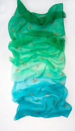 Hand Painted Silk Chiffon Scarf - Caribbean Sky/ Ombre Scarf With Golden Stars. Starry Scarf, Women Accessory | Christmas Gift Her