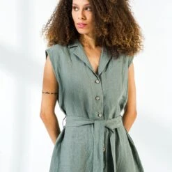 Sleeveless Tunic Linen Dress With Belt | Christmas Gift | Button-Down Linen Tunic Dress | Sleeveless Summer Dress | Relaxed Fit | - 1035 -Jewellery Soldes Boutique il fullxfull.3218181421 fefi