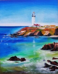 Lighthouse Landscape. Christmas Gift. New Year Gift. Pigeon Point Lighthouse (California, USA). Original Oil Painting On Canvas Spectacular