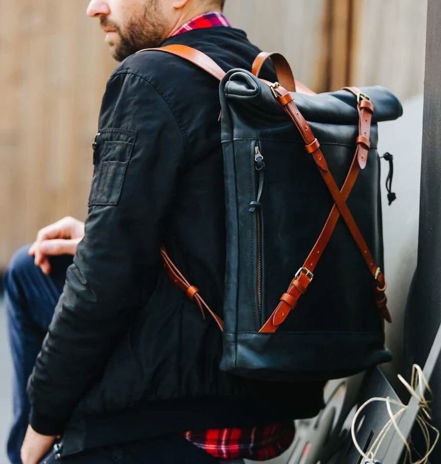 Computer Backpack For Men Leather Roll Top Backpack Bag Leather Rucksack Christmas Gift 4 Computer Backpack For Men Leather Roll Top Backpack Bag Leather Rucksack Christmas Gift - Image 2