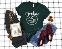 3001 Christmas Mockup Forest Green | Bella Canvas 3001 Mockup | 3001 Bella Mockup | Christmas Tshirt Flat Lay | Seasonal Lifestyle Mockup