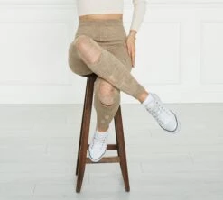 Milky Brown Knitted Stretch Ripped Leggings, Christmas Gifts, Gift For Her, Leggings For Women, Ripped Leggings, Dancing Leggings