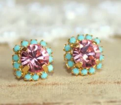 Gift For Her,Pink Earrings,Pink Turquoise Earrings,Swarovski Earrings,Crystal Pink Studs,Christmas Gift,Swarovski Earrings,Pink Mint Studs