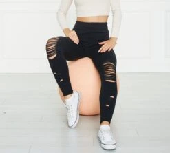 Charcoal Gray Knitted Ripped Stretch Leggings, Leggings For Women, Ripped Leggings, Woman Leggings, Christmas Gifts, Gift For Her