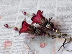 Cranberry Red Flower Earrings, Hand Painted Flower Earrings, Boho Dangle Flower Earrings, Vintage Style Earrings, Christmas Earrings