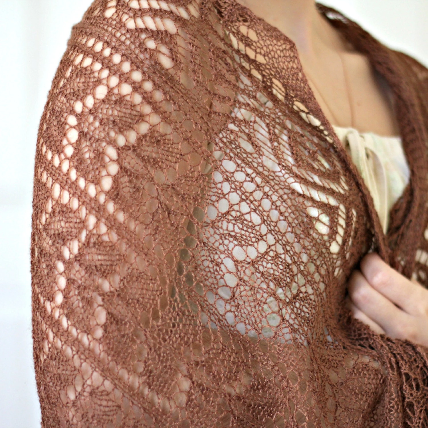 Christmas Gift Knit Shawl, Wedding Shawl In Coffee Brown Color, Bridesmaids Shawl, Bridal Shawl, Lace Shawl In Merino/silk Gift For Her 4 Christmas Gift Knit Shawl, Wedding Shawl In Coffee Brown Color, Bridesmaids Shawl, Bridal Shawl, Lace Shawl In Merino/silk Gift For Her - Image 2