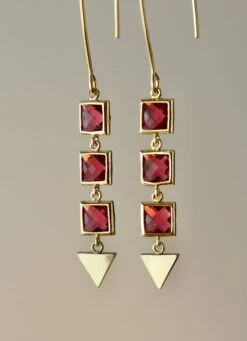 Red Ruby, Long Gold Earrings, Christmas Gift, Holiday Party, Bridal, Wedding, Made Of Honor, Birthday Gift For Daughter, For Wife, Red