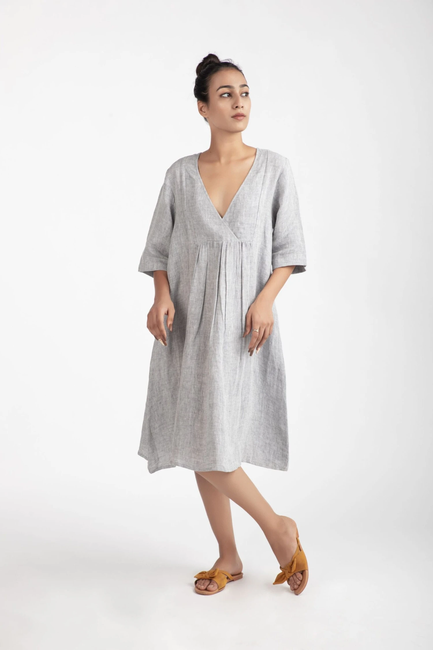 Grey Chambray Women Dress / Tea Length Dress/ V-neck With Front Pleated Pattern/ Linen Maternity Dress/ Christmas Gift For Her/ Mom/Wife 5 Grey Chambray Women Dress / Tea Length Dress/ V-neck With Front Pleated Pattern/ Linen Maternity Dress/ Christmas Gift For Her/ Mom/Wife - Image 3