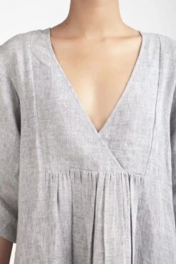 Grey Chambray Women Dress / Tea Length Dress/ V-neck With Front Pleated Pattern/ Linen Maternity Dress/ Christmas Gift For Her/ Mom/Wife